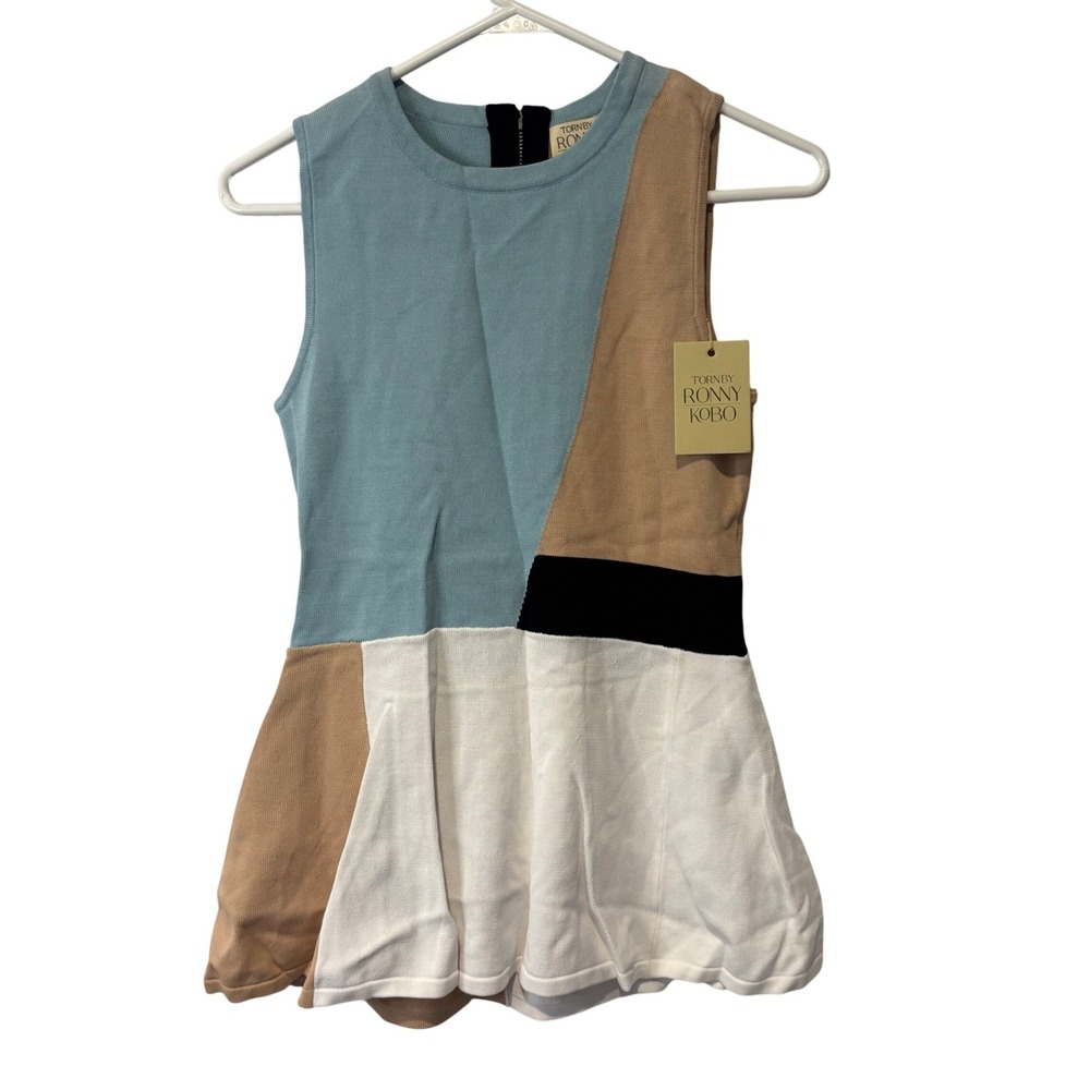 Torn by Ronny Kobo‎ Womens Colorblock Knit Peplum Top Blue Tan White Size M NWT